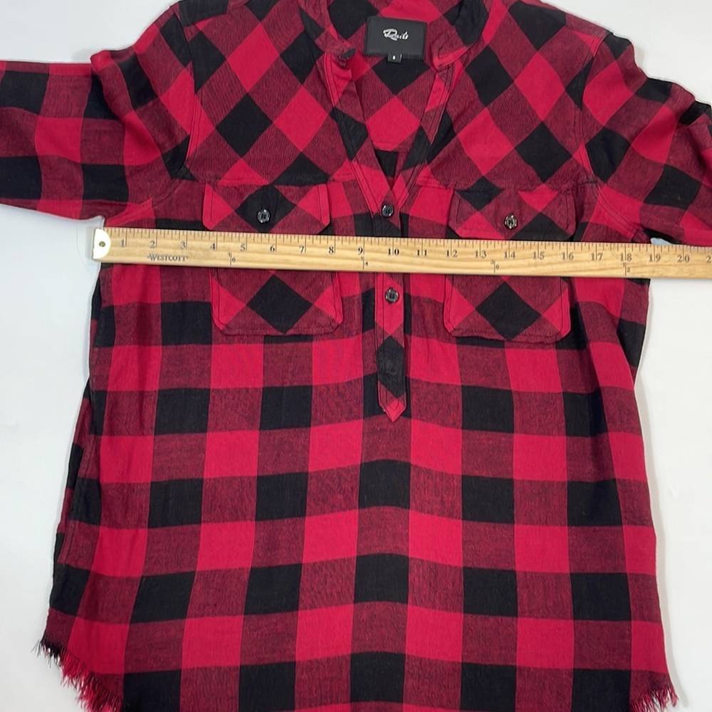 Rails Blouse Top S Plaid Red and Black V Neck Popover Frayed Hem - Picture 5 of 10